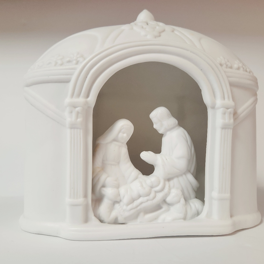 White Christmas Nativity Jesus Mary and Joseph in the Manger Candle Figurine